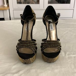 Steve Madden Size 6 T-Strap platform sandals with gold rhinestones